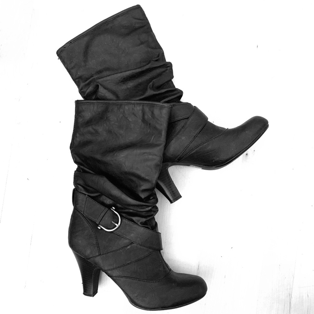 Black heeled boots, mid calf